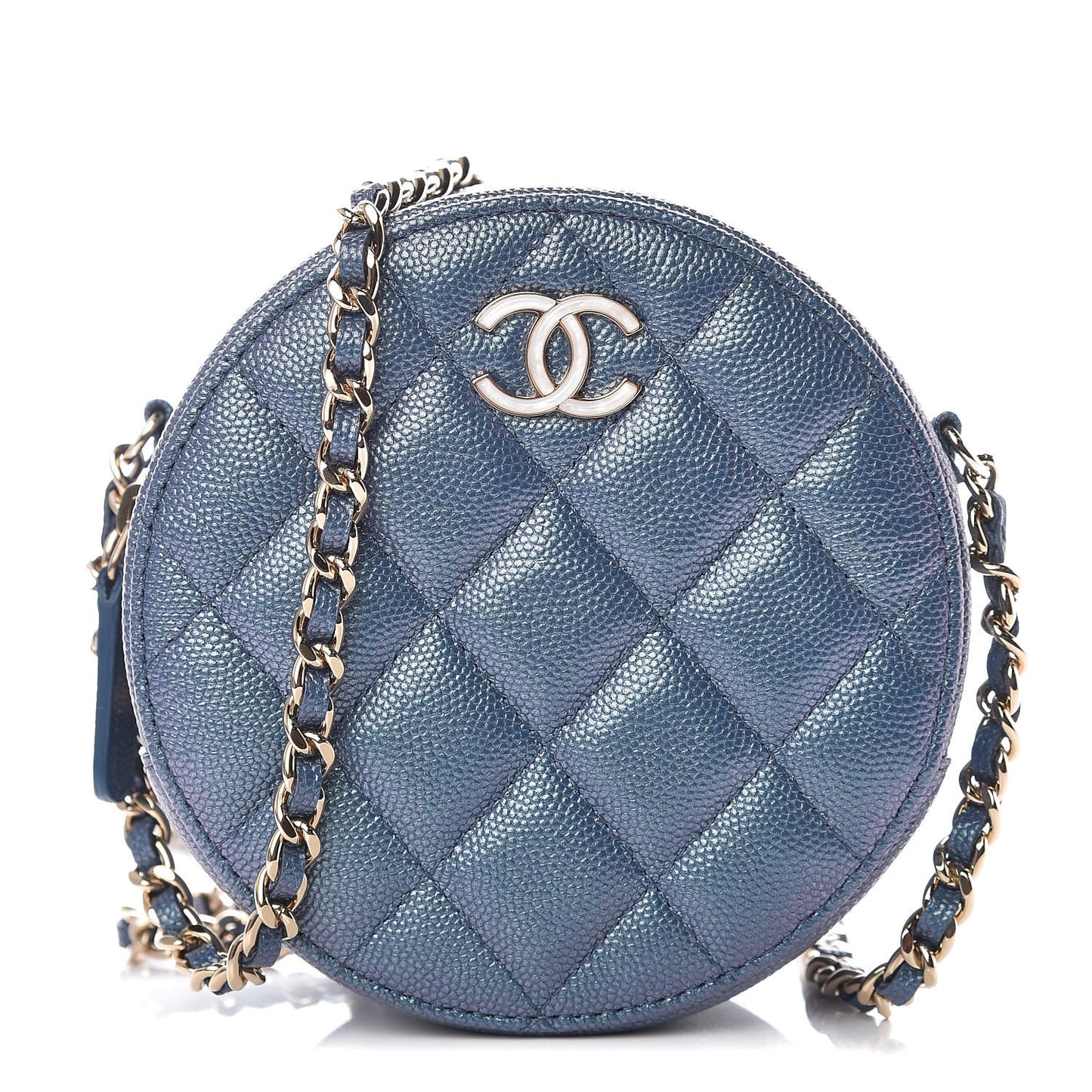 Iridescent Caviar Quilted Round Clutch With Chain Blue