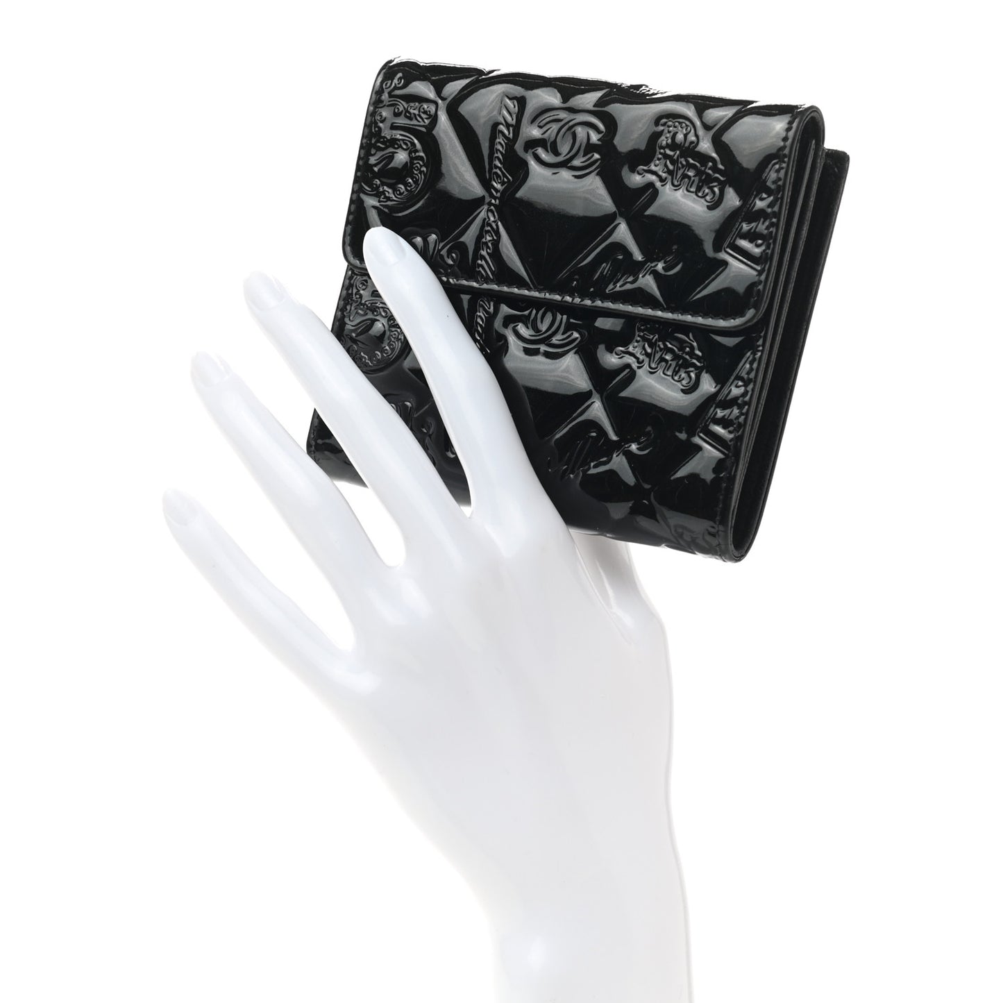 Patent Calfskin Lucky Symbols Compact French Flap Wallet Black