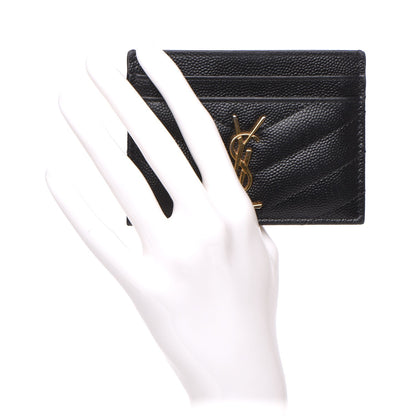 Saint Laurent Grain De Poudre Matelasse Chevron Monogram Credit Card Case Black 2 of 5