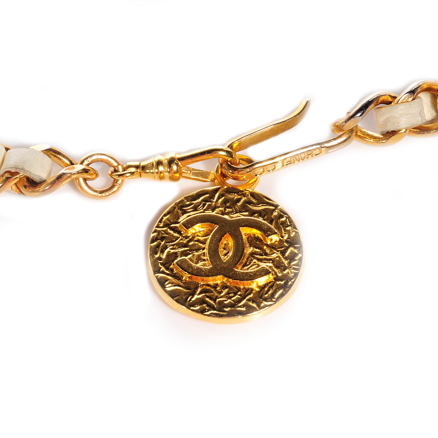 Leather Gold Chain CC Medallion Belt Ivory