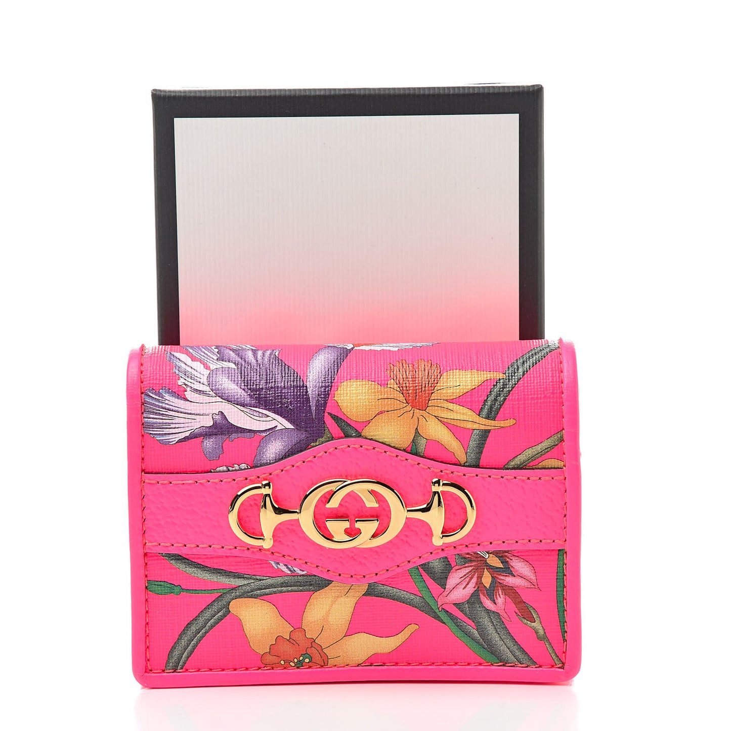 Calfskin Flora Print Zumi Card Case Fuxia Fluo