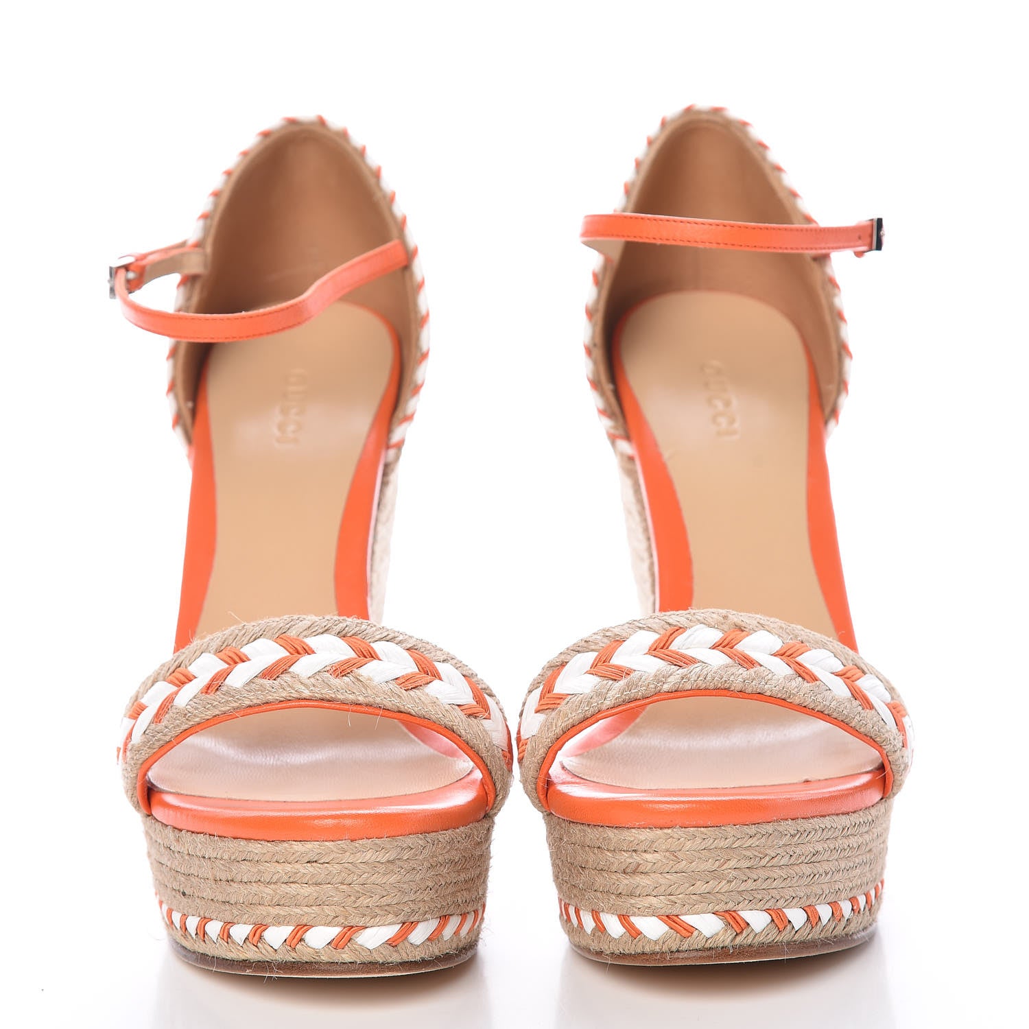 Gucci Raffia Woven Tiffany Espadrille Platform Wedge Sandals 39 Natural White Vibrant Orange 2 of 12