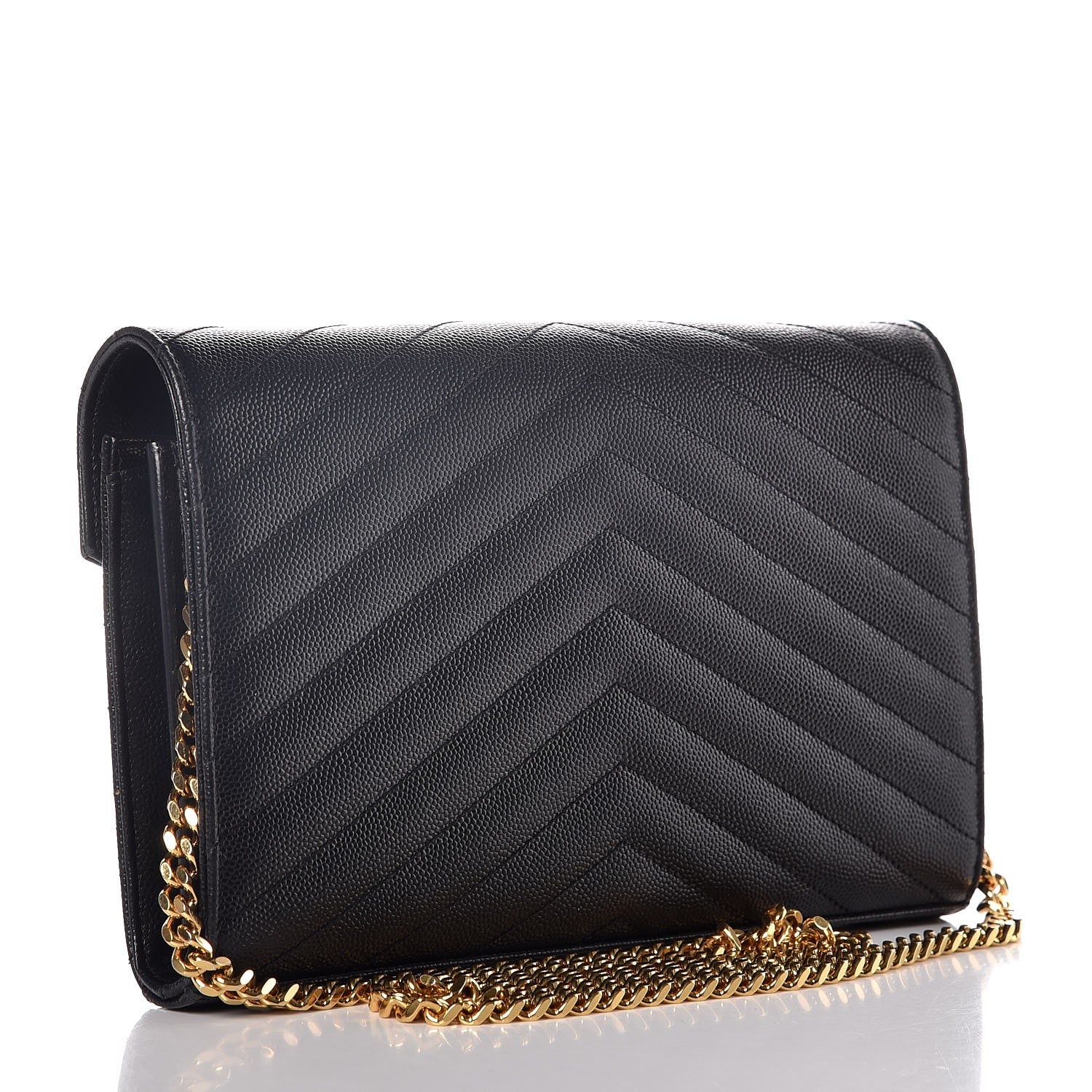 Saint Laurent Grain De Poudre Matelasse Chevron Monogram Chain Wallet Black 3 of 7