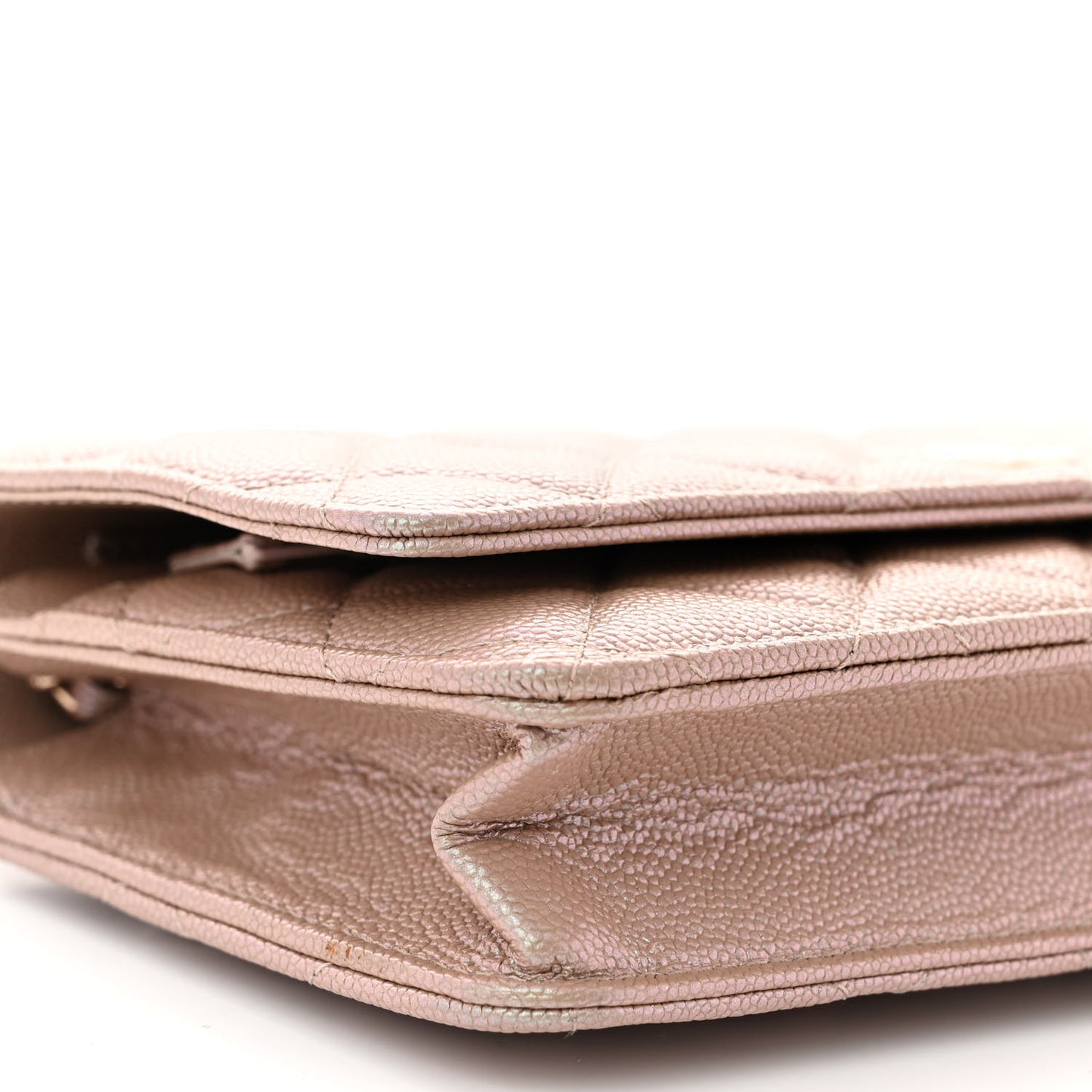 Iridescent Caviar Quilted Wallet on Chain WOC Beige