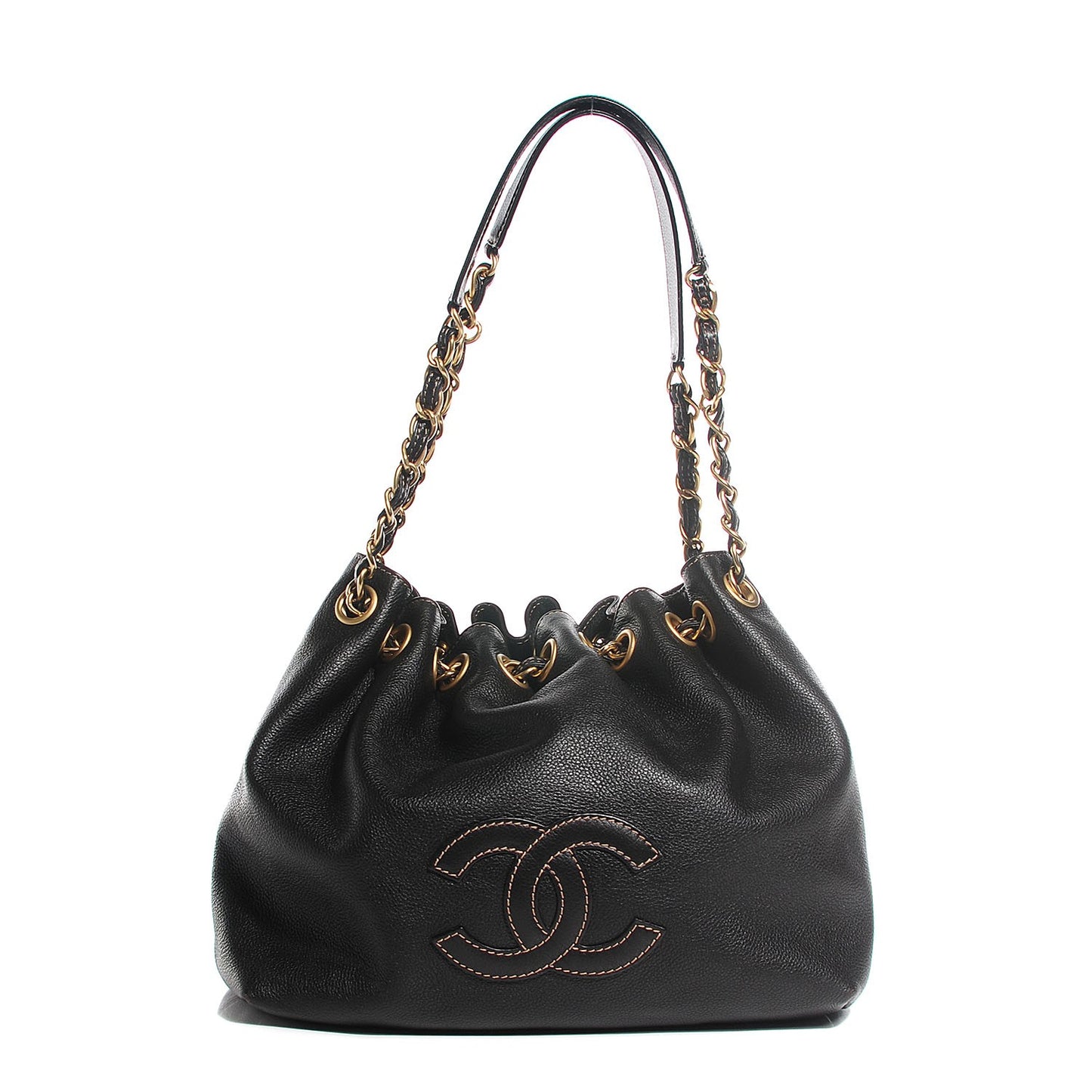 Calfskin CC Drawstring Bucket Bag Black