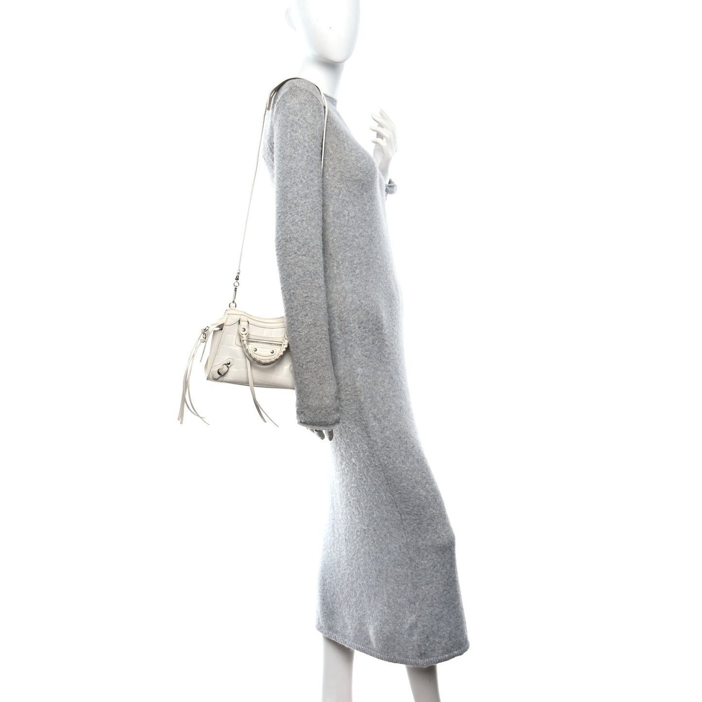 Semi Shiny Calfskin Crocodile Embossed Neo Classic Silver Hardware Nano City Crossbody White
