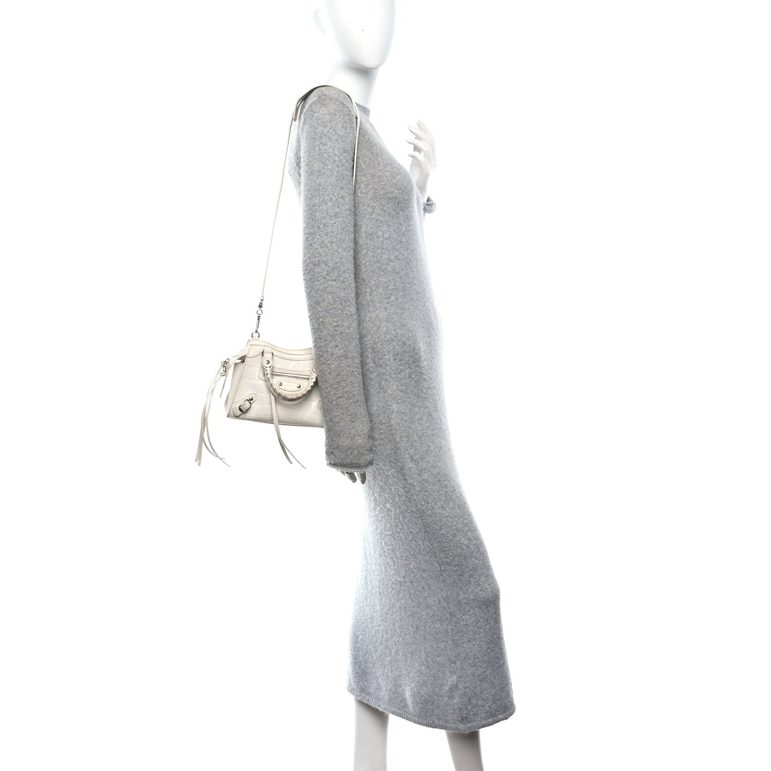 Balenciaga Semi Shiny Calfskin Crocodile Embossed Neo Classic Silver Hardware Nano City Crossbody White 3 of 17