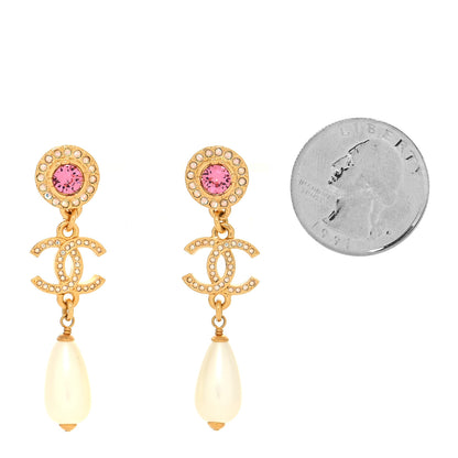 Chanel Metal Crystal Pearl CC Drop Earrings Gold Pink White 2 of 4