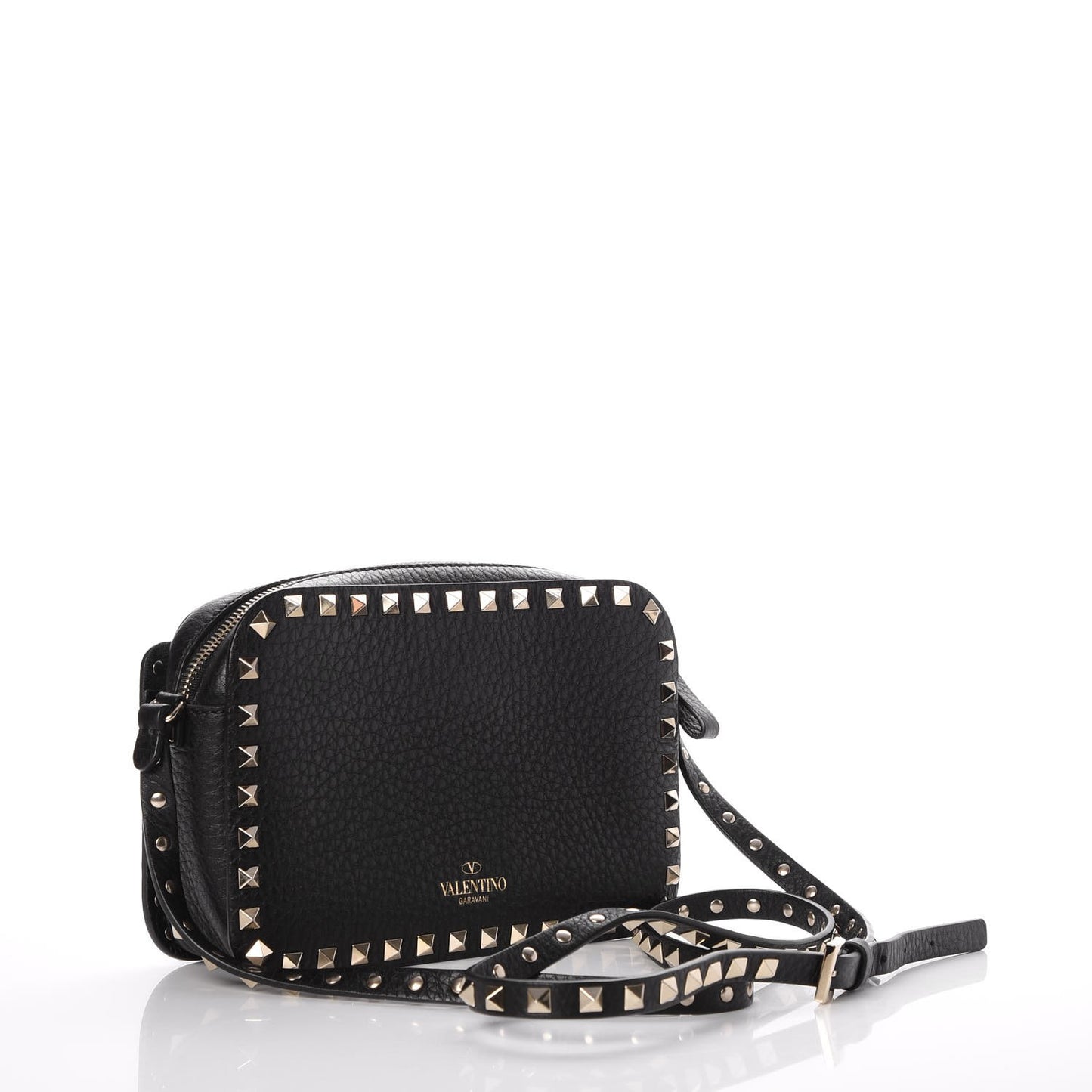 Grained Calfskin Rockstud Flip Lock Camera Crossbody Bag Black
