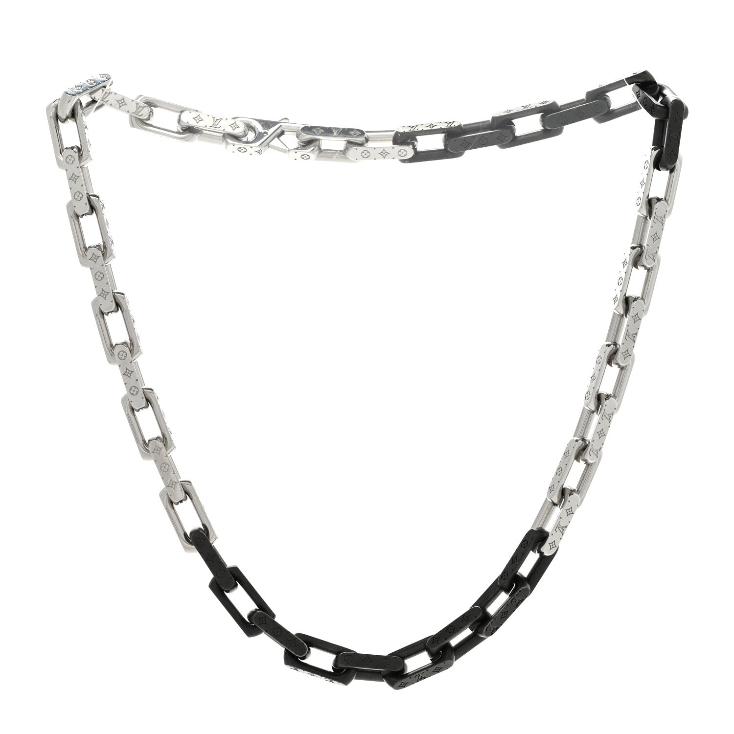 Louis Vuitton Metal Engraved Monogram Chain Necklace Silver Black 3 of 6