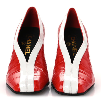 Chanel Crocodile Embossed Patent Calfskin Pumps 36.5 Coral White 3 of 11