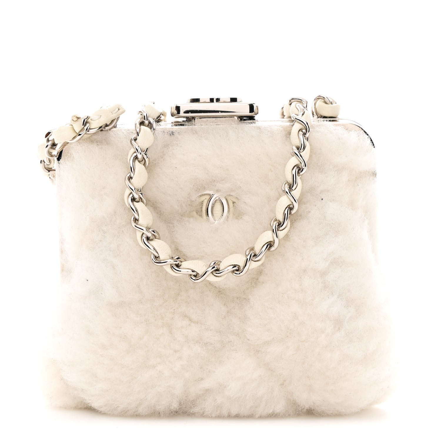 Chanel Shearling Sheepskin Lambskin Quilted Clutch With Chain White 1 of 10
