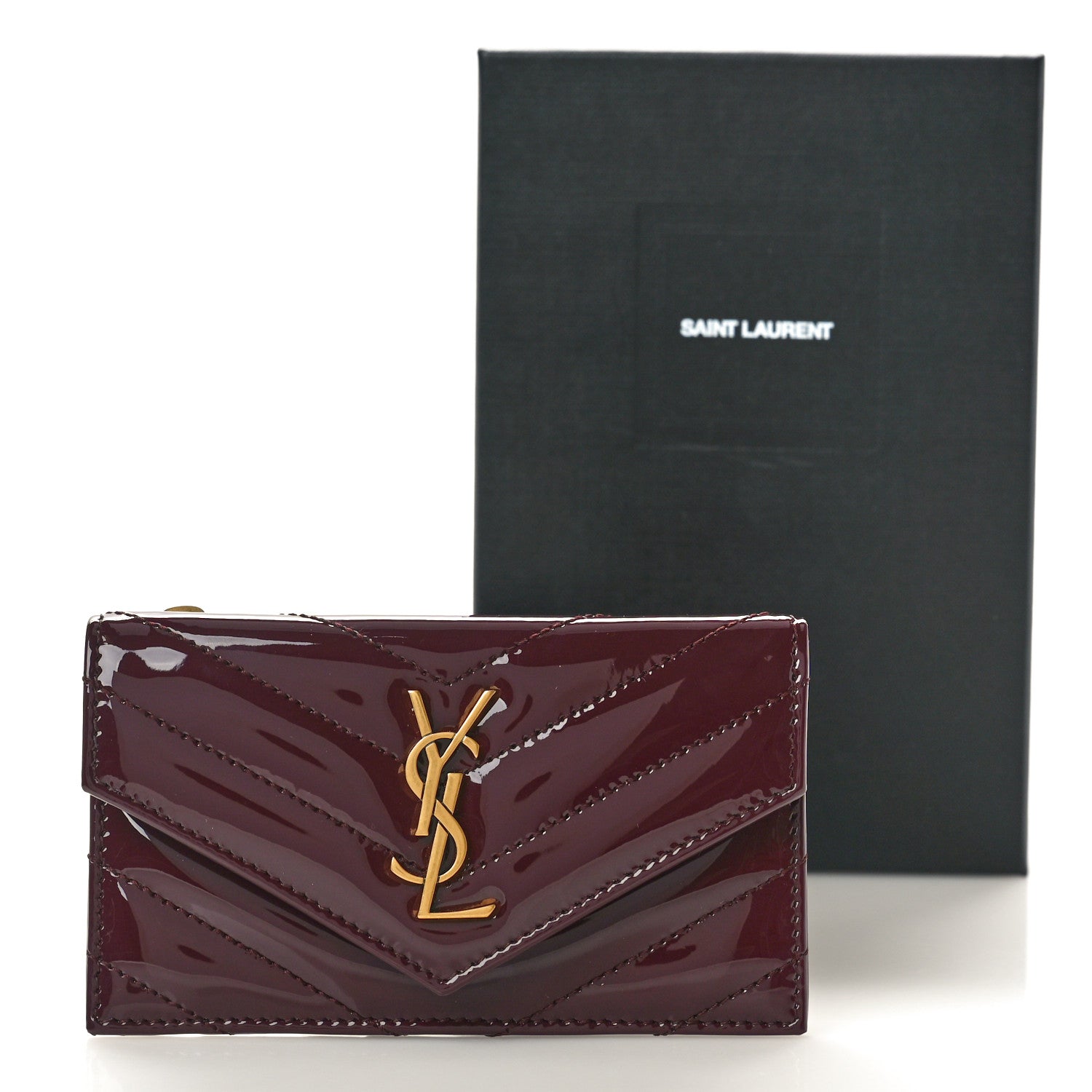 Saint Laurent Patent Calfskin Matelasse Chevron Cassandre Fragments Zippered Card Case Dark Red Wine 8 of 8