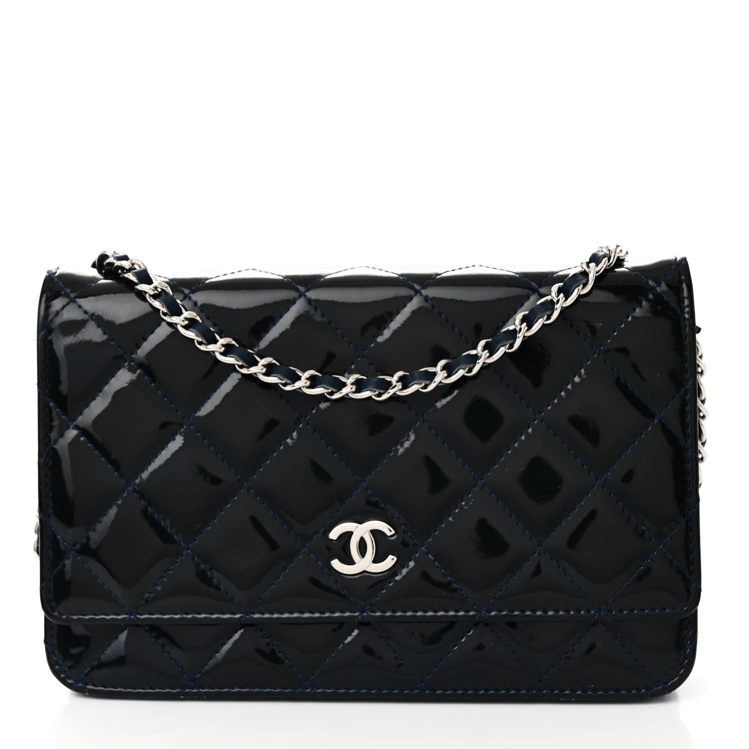 Chanel Patent Quilted Wallet On Chain WOC Blue 1 of 12