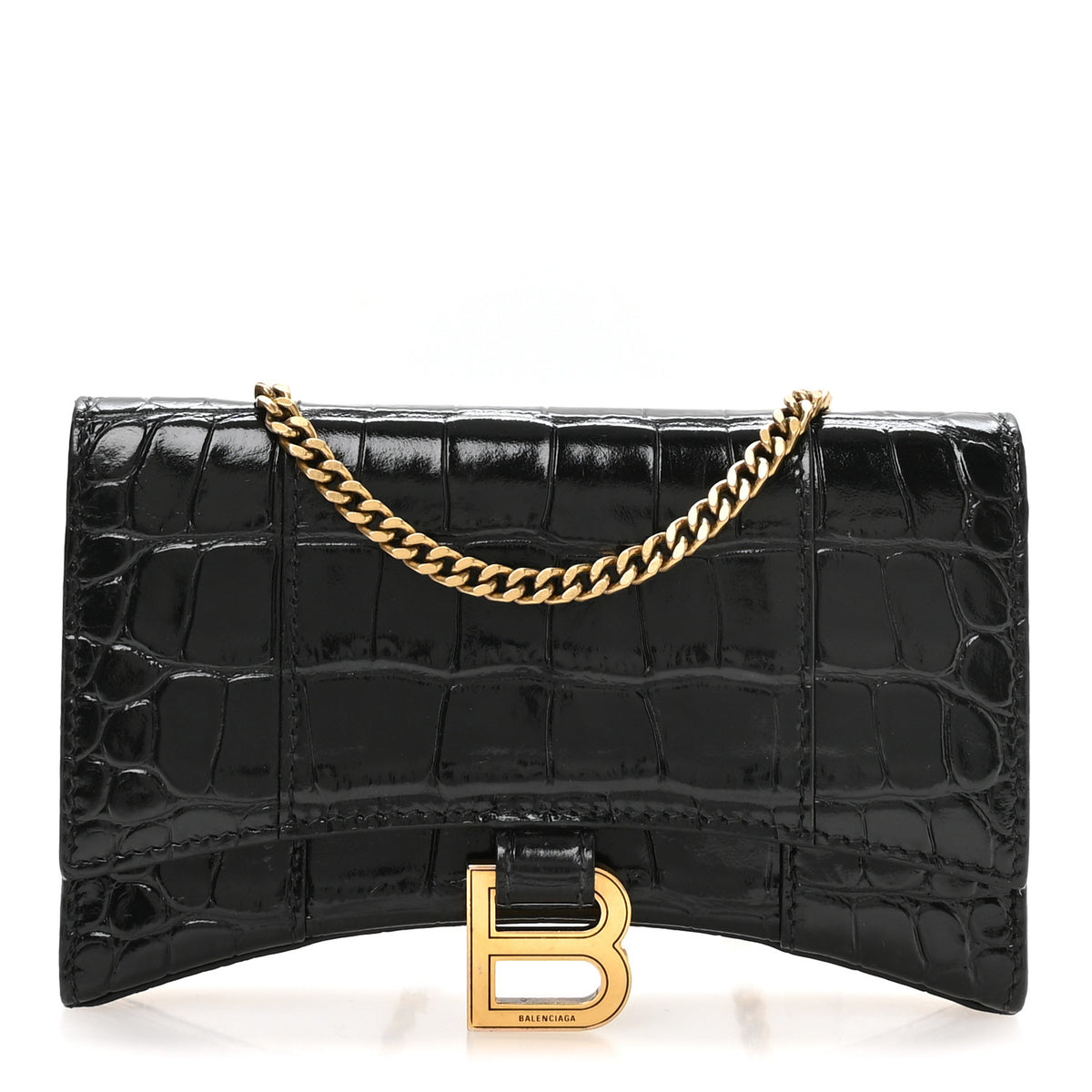 Balenciaga Shiny Calfskin Crocodile Embossed XS Hourglass Wallet On Chain Black 1 of 10