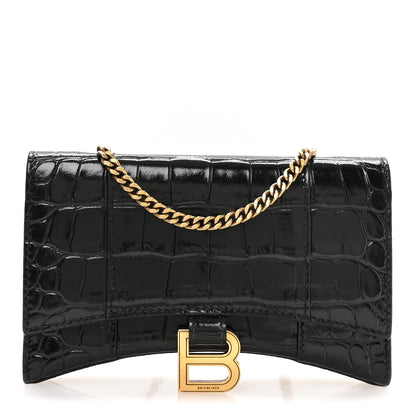 Balenciaga Shiny Calfskin Crocodile Embossed XS Hourglass Wallet On Chain Black 1 of 10