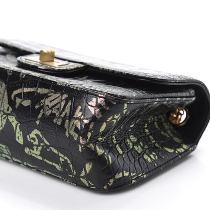 Chanel Calfskin Crocodile Embossed Graffiti 2.55 Mini Cocodile Reissue Flap Black Pink 7 of 11