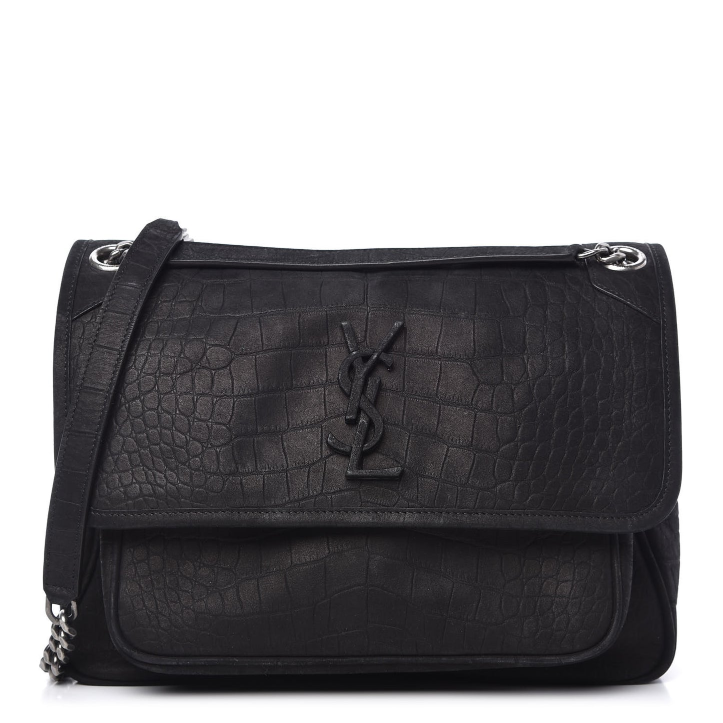 Nubuck Crocodile Embossed Monogram Medium Niki Chain Satchel Black