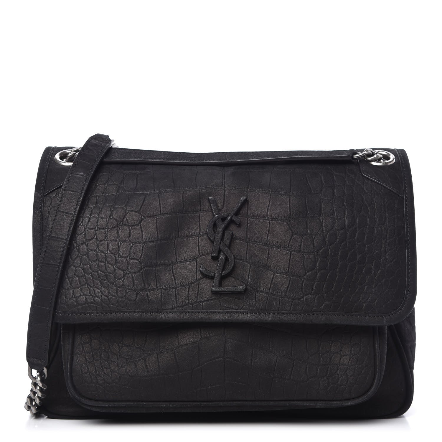 Saint Laurent Nubuck Crocodile Embossed Monogram Medium Niki Chain Satchel Black 1 of 10