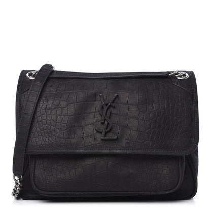 Saint Laurent Nubuck Crocodile Embossed Monogram Medium Niki Chain Satchel Black 1 of 10