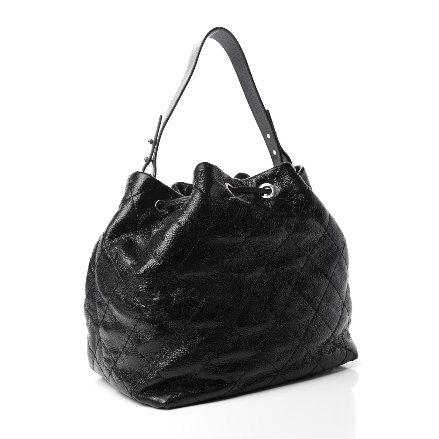 Glazed Calfskin On The Road Drawstring Tote Black