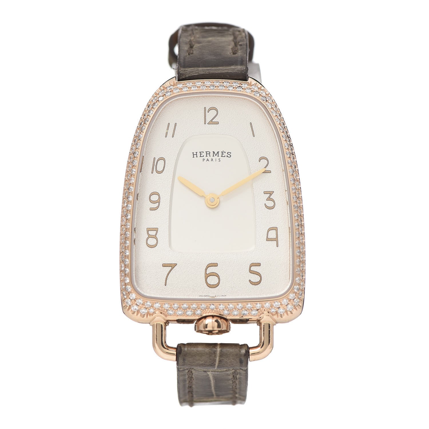 Hermes 18K Rose Gold Alligator Diamond Bezel 26mm Galop Quartz Watch Gris Elephant 1 of 7
