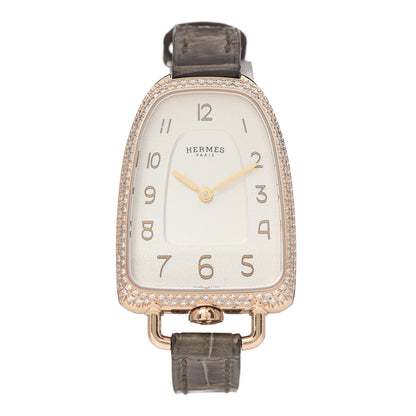 Hermes 18K Rose Gold Alligator Diamond Bezel 26mm Galop Quartz Watch Gris Elephant 1 of 7