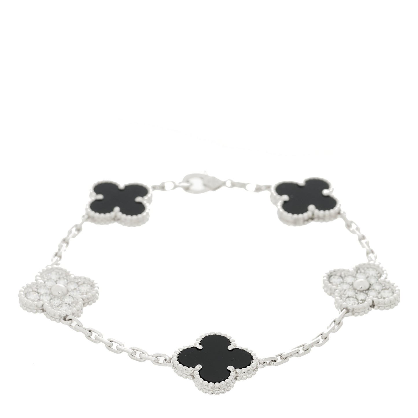 18K White Gold Diamond Black Onyx 5 Motifs Vintage Alhambra Bracelet
