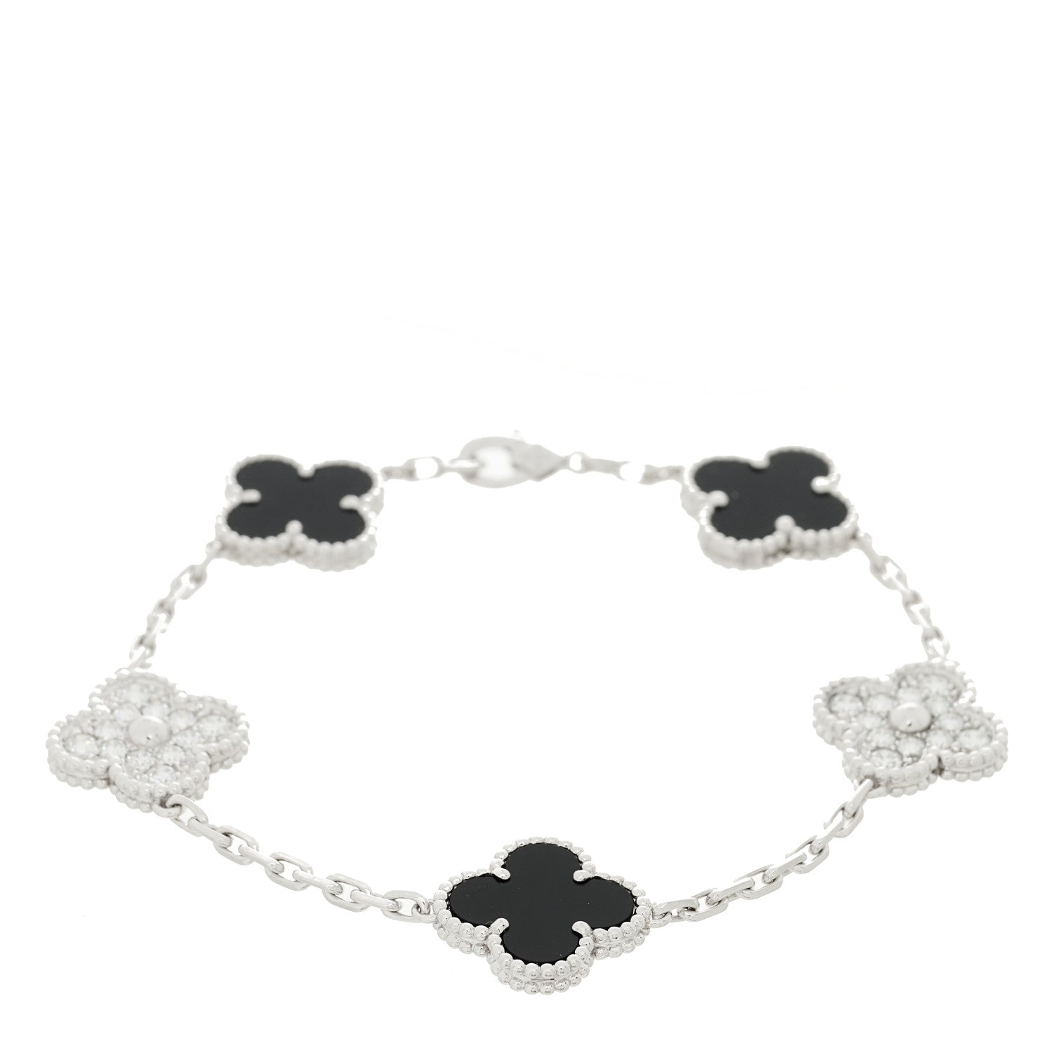 Van Cleef & Arpels 18K White Gold Diamond Black Onyx 5 Motifs Vintage Alhambra Bracelet 1 of 5