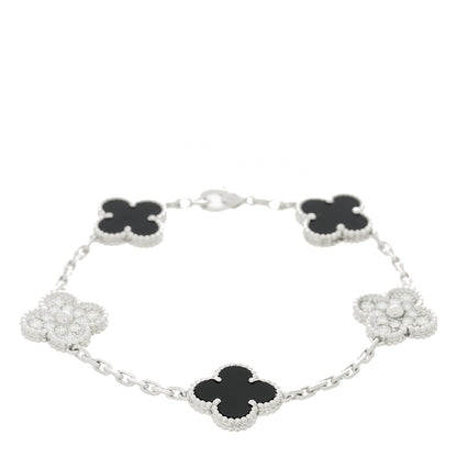 Van Cleef & Arpels 18K White Gold Diamond Black Onyx 5 Motifs Vintage Alhambra Bracelet 1 of 5