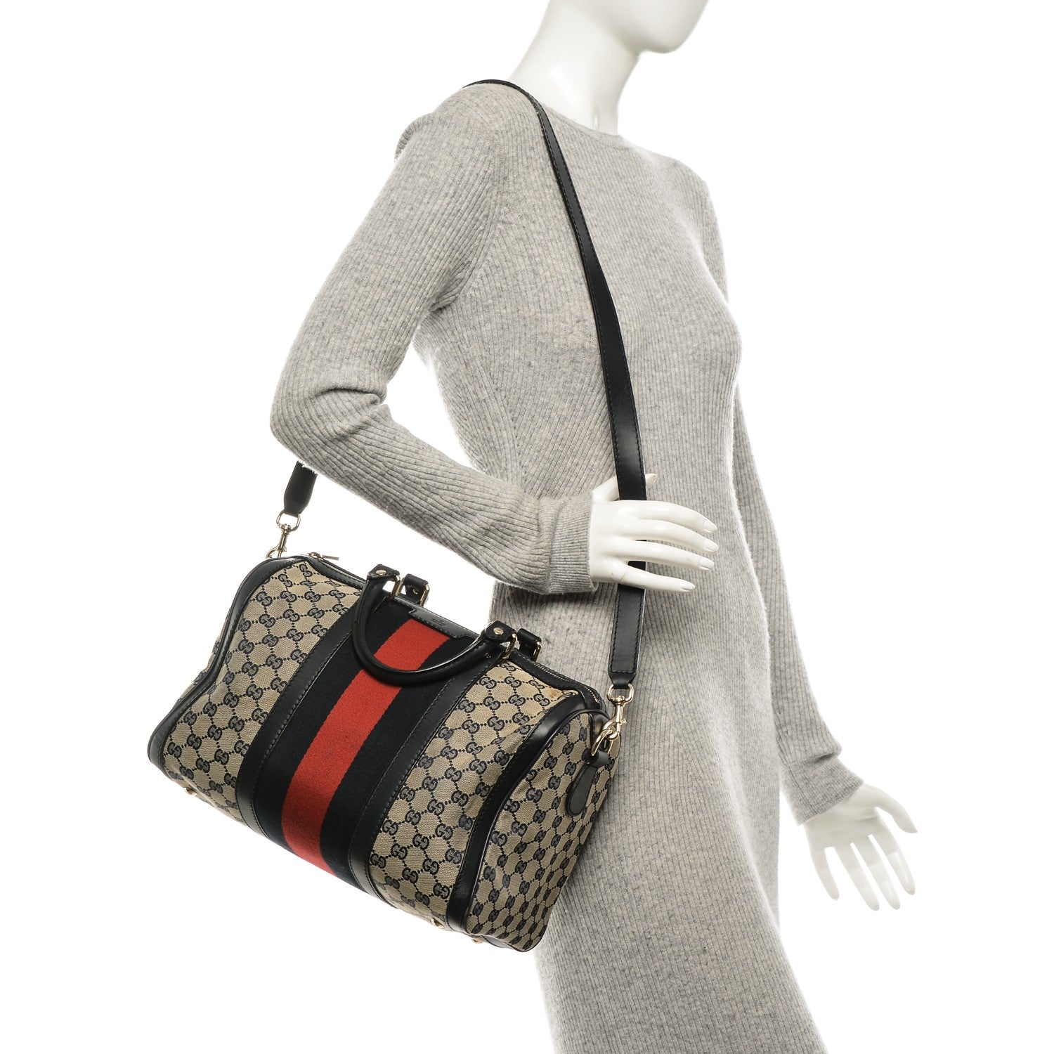 Gucci Monogram Selleria Calfskin Vintage Web Medium Boston Beige Blue 2 of 9
