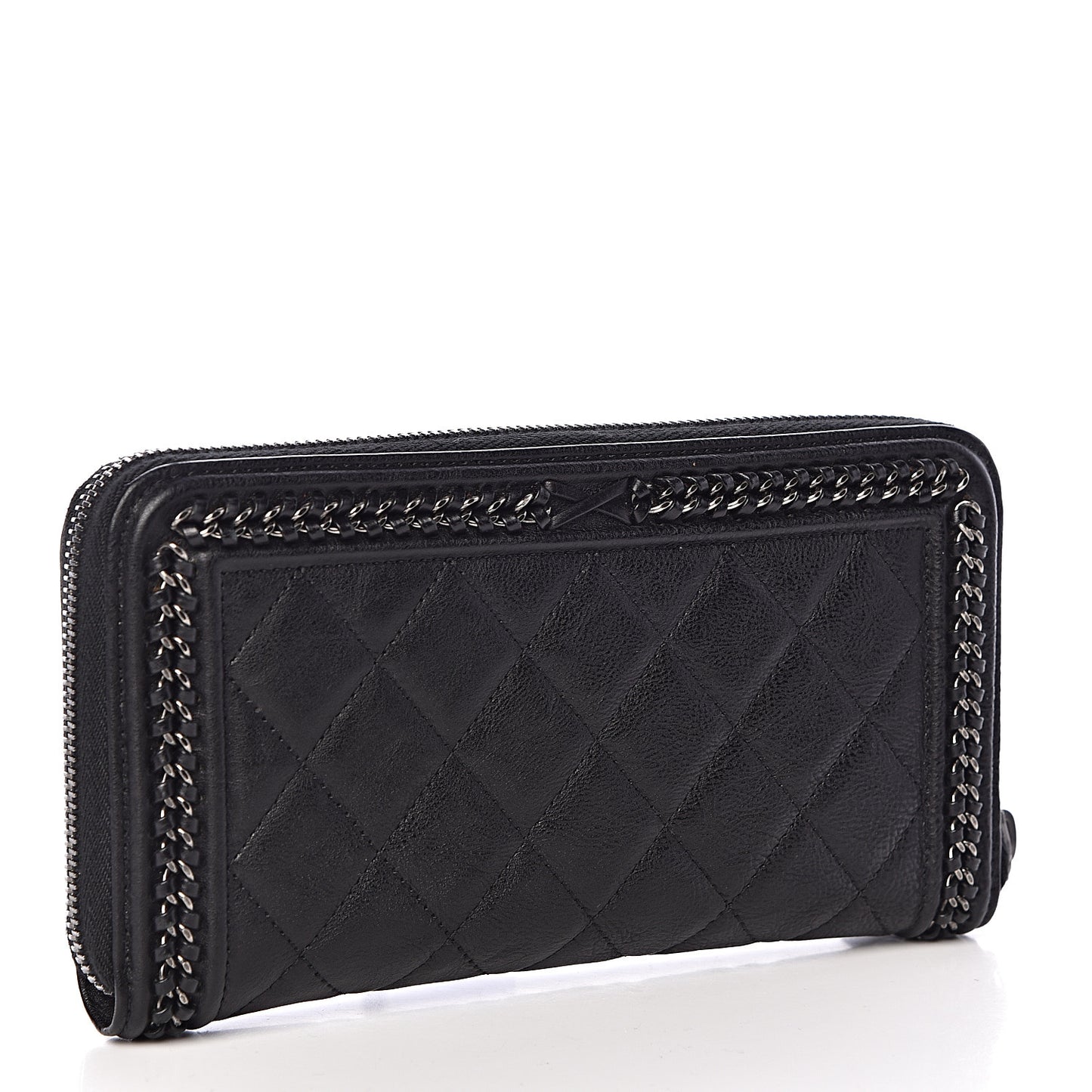 Calfskin Quilted Boy Chain Large Gusset Zip Around Wallet Black