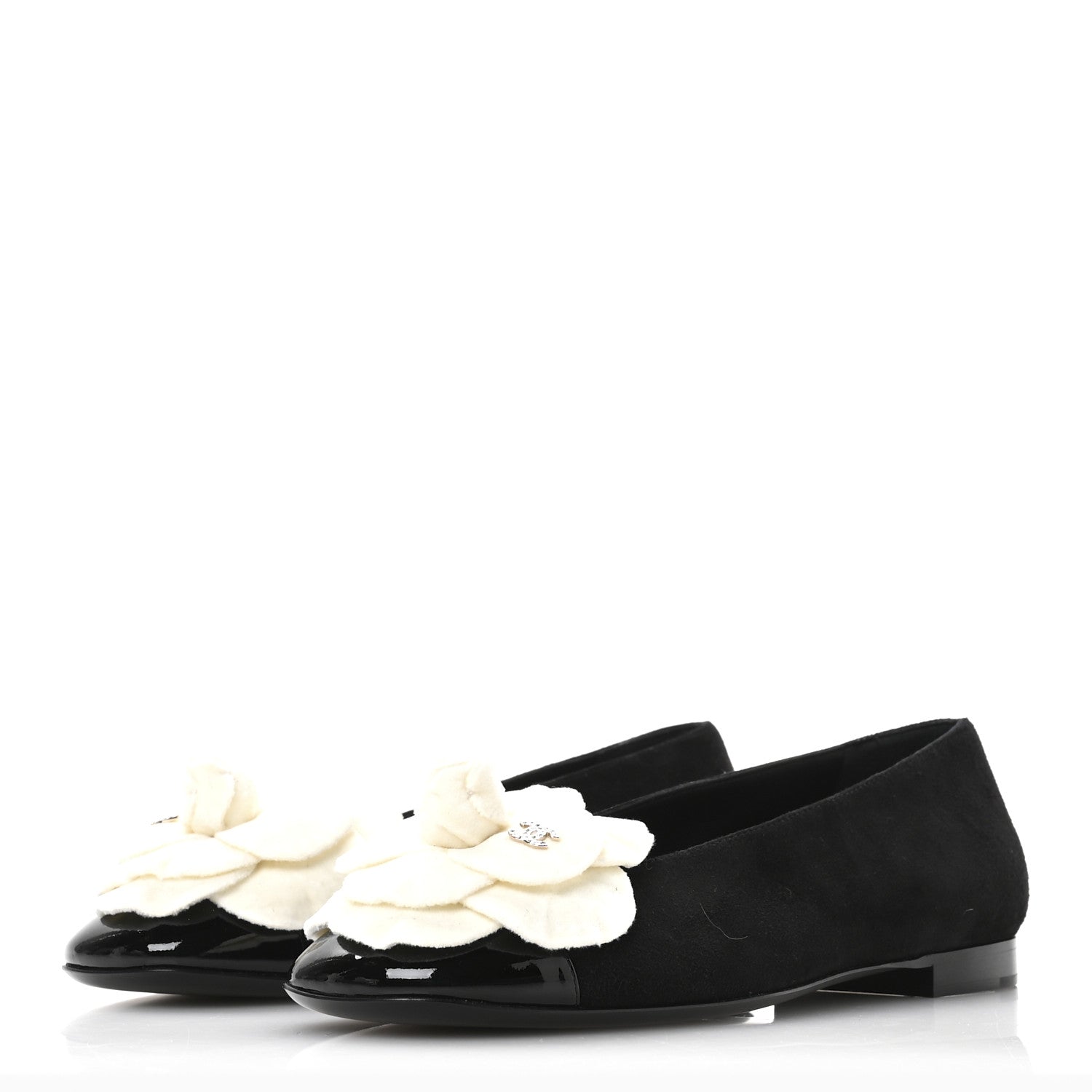 Chanel Suede Patent Cap Toe Camellia Ballerina Flats 37 Black White 4 of 8