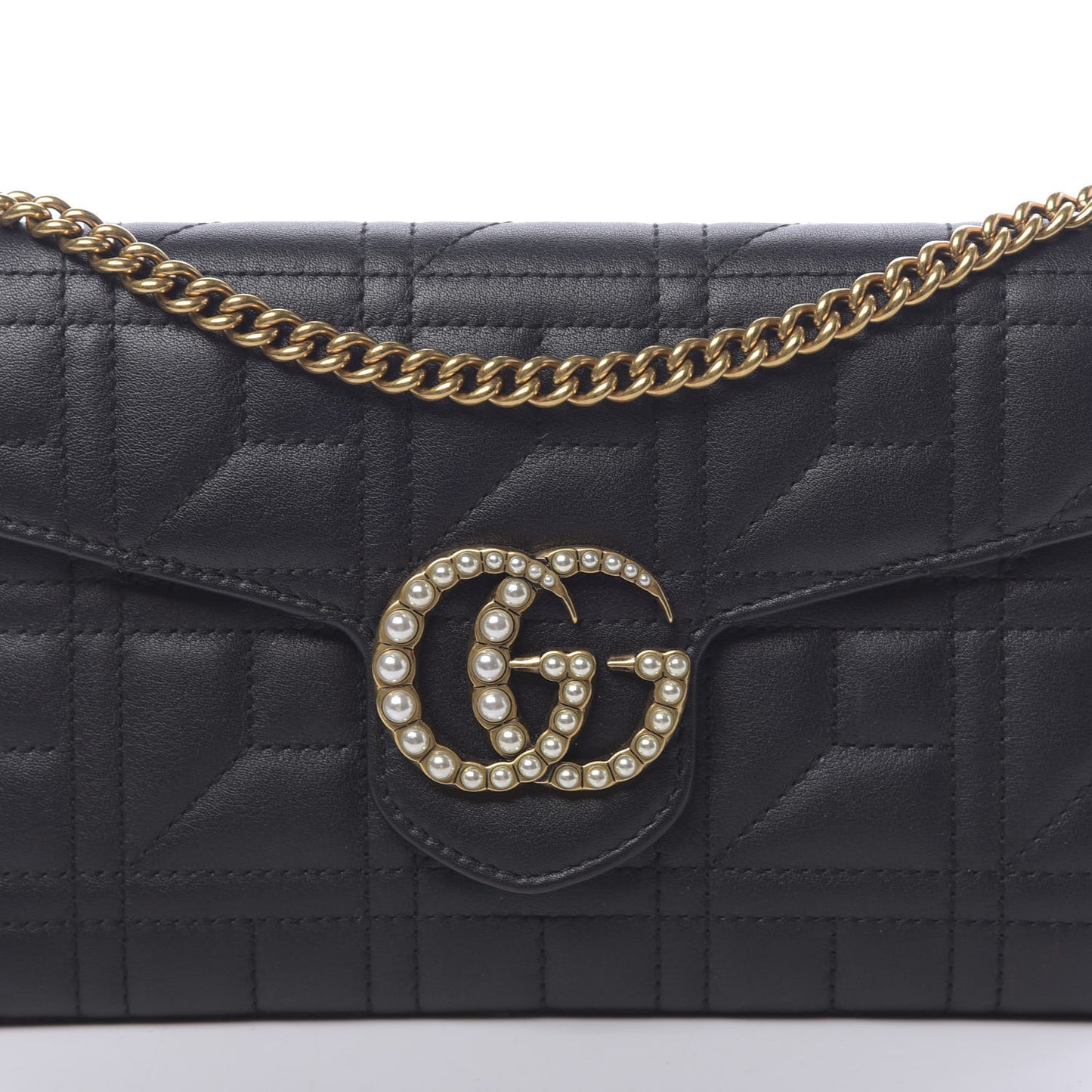 Calfskin Matelasse Mini Pearly GG Marmont Chain Wallet Black