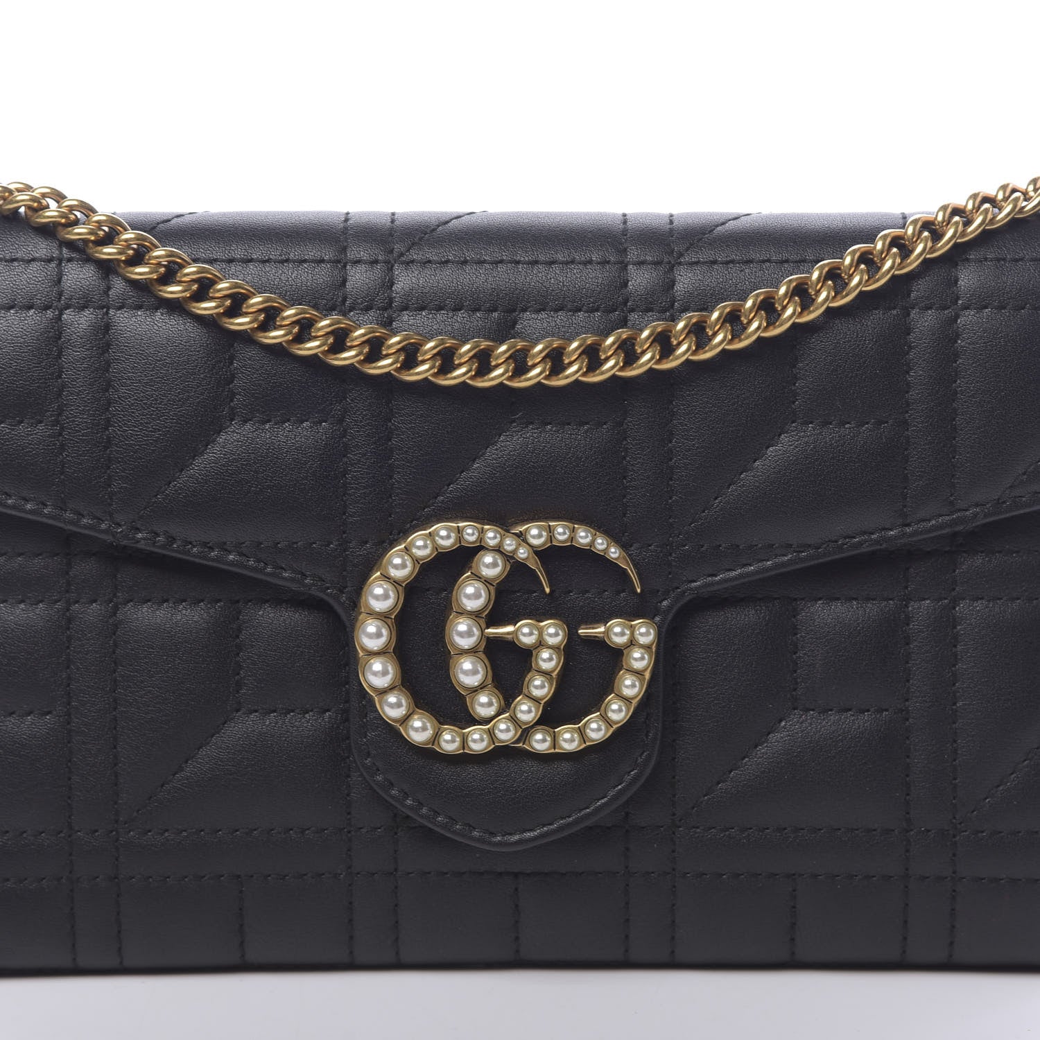Gucci Calfskin Matelasse Mini Pearly GG Marmont Chain Wallet Black 11 of 11