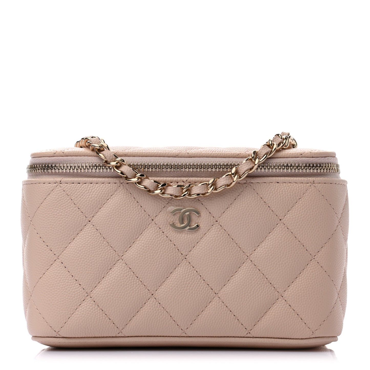 Caviar Quilted Small Vanity Case With Chain Light Beige