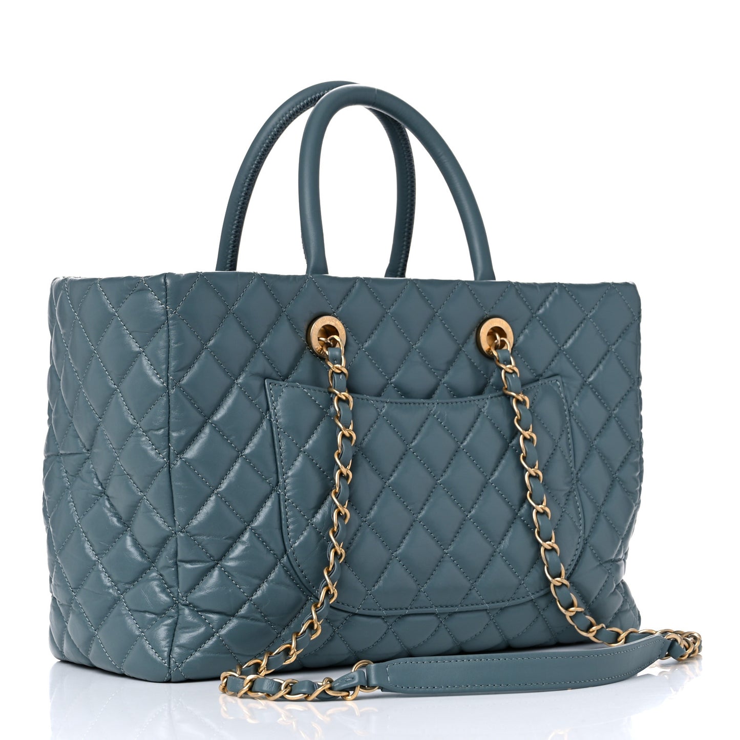 Aged Calfskin Quilted Large Coco Handle Shopping Tote Blue