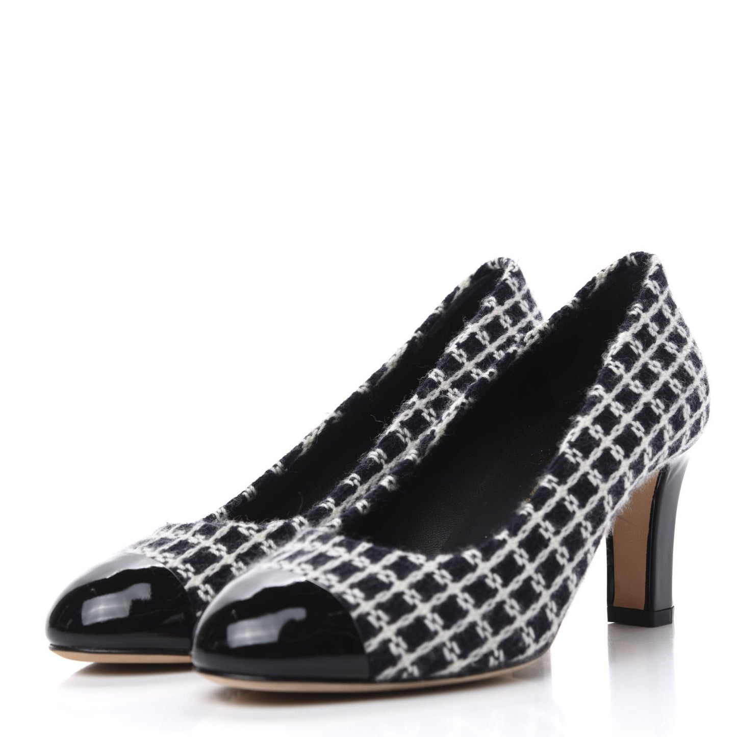 Tweed Patent Cap Toe CC Pumps 36 Black White