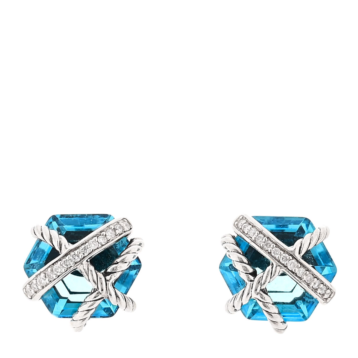 David Yurman Sterling Silver Diamond Blue Topaz 10mm Cable Wrap Earrings 1 of 4