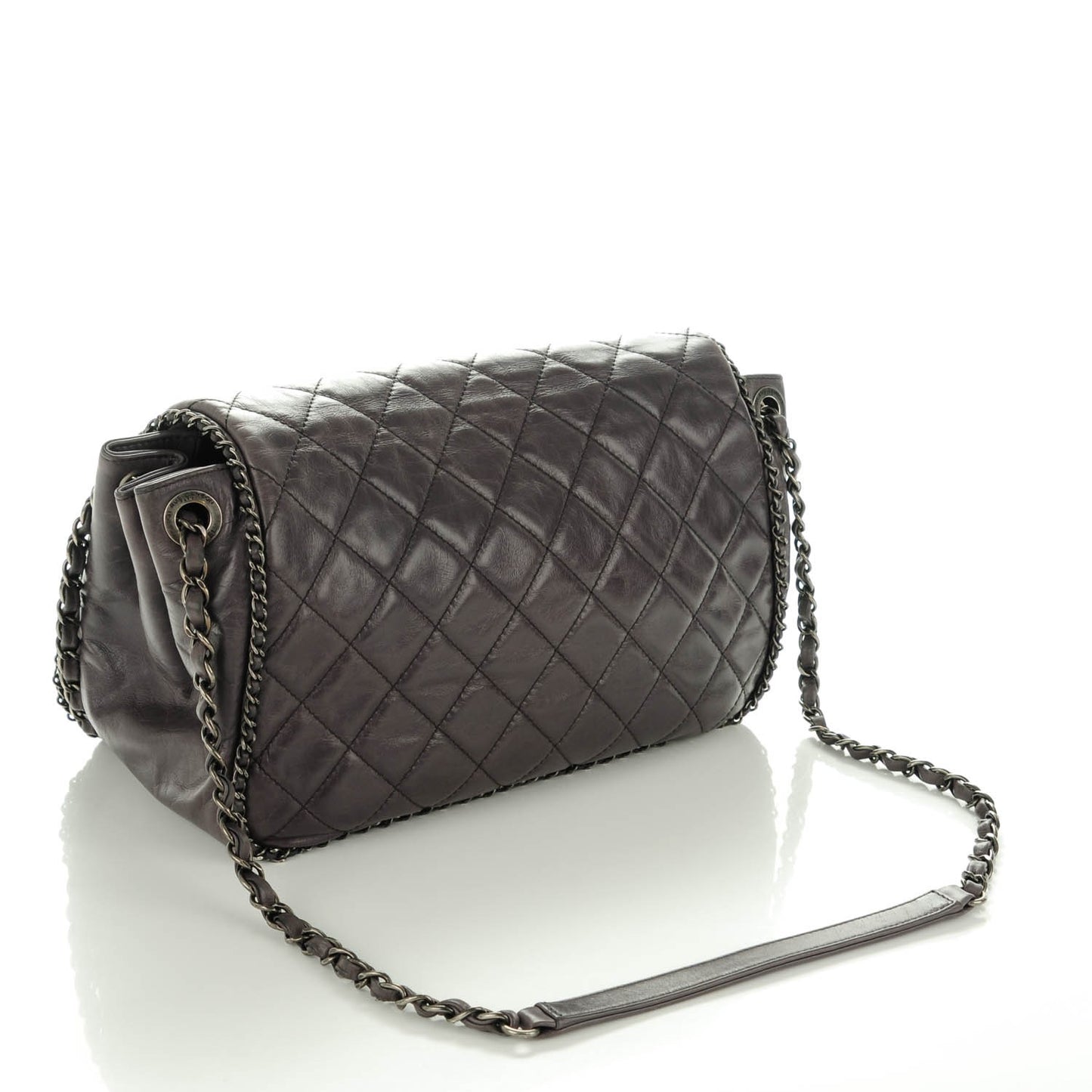 Calfskin Quilted Large CC Enchained Accordion Flap Grey