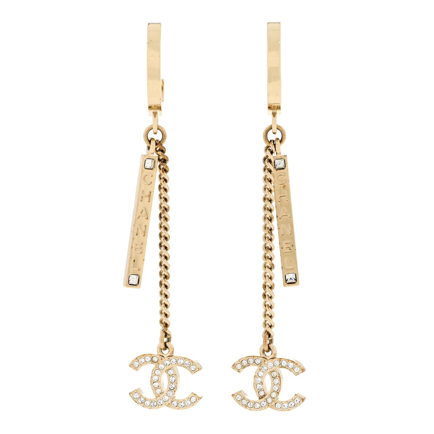 Chanel Crystal Lock Symbols Logo CC Chain Drop Earrings Gold 1 of 5
