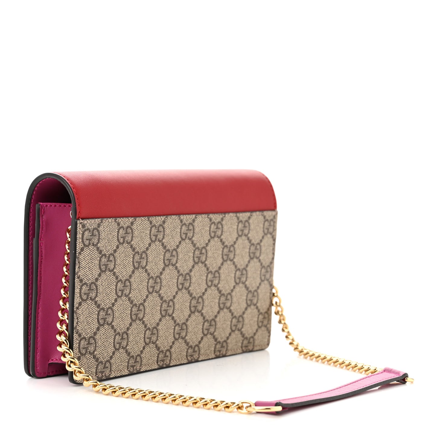 GG Supreme Monogram Moon Calfskin Chain Wallet Beige Ebony Hibiscus Red New Rosette