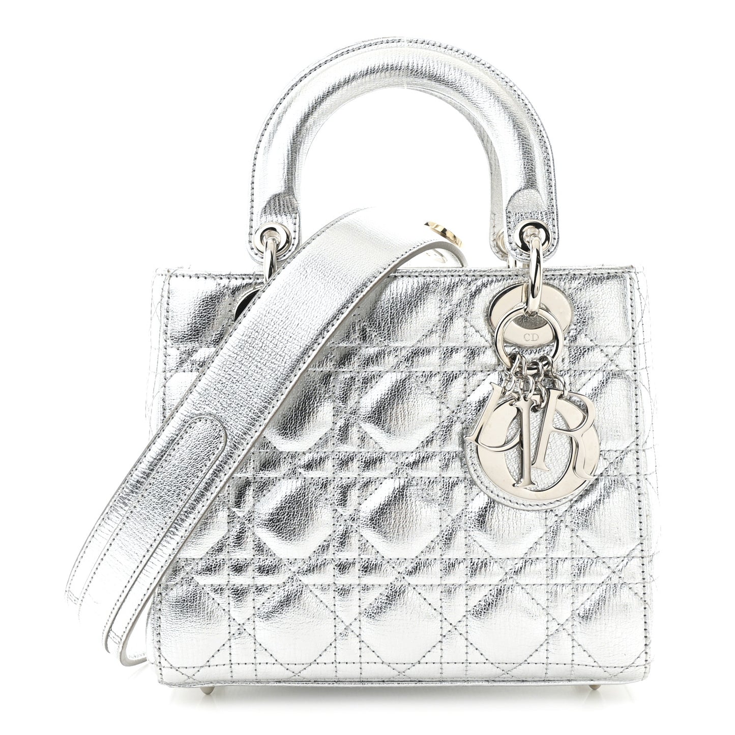 Metallic Grained Calfskin Cannage Small Lucky Badges My Lady Dior Silver