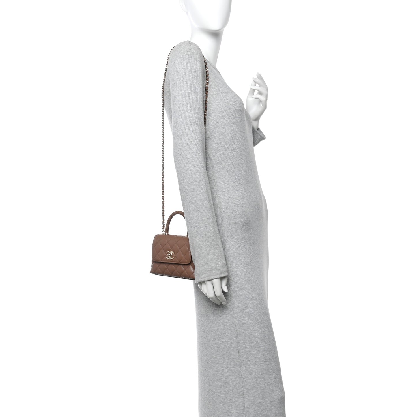 Caviar Lizard Embossed Quilted Coco Handle Clutch With Chain Brown