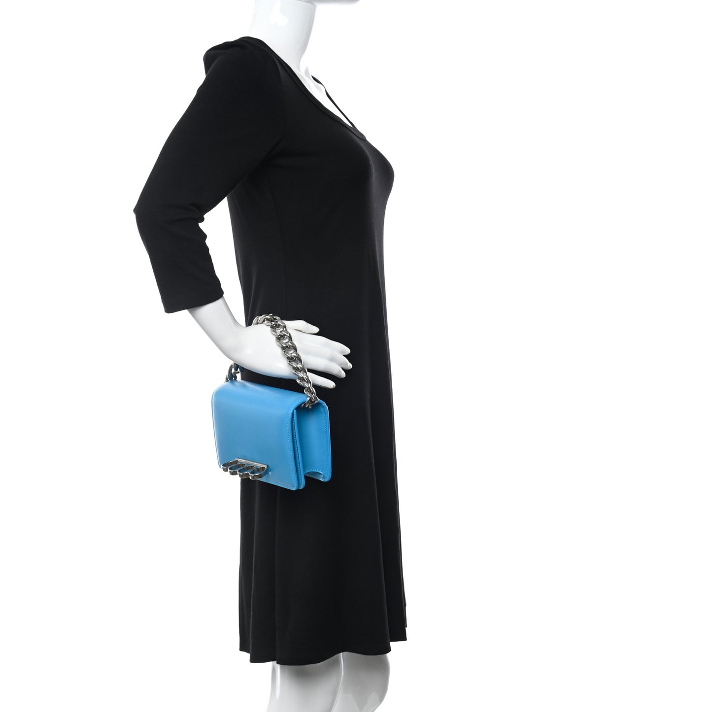Smooth Calfskin Four Ring Knuckle Mini Chain Clutch Blue