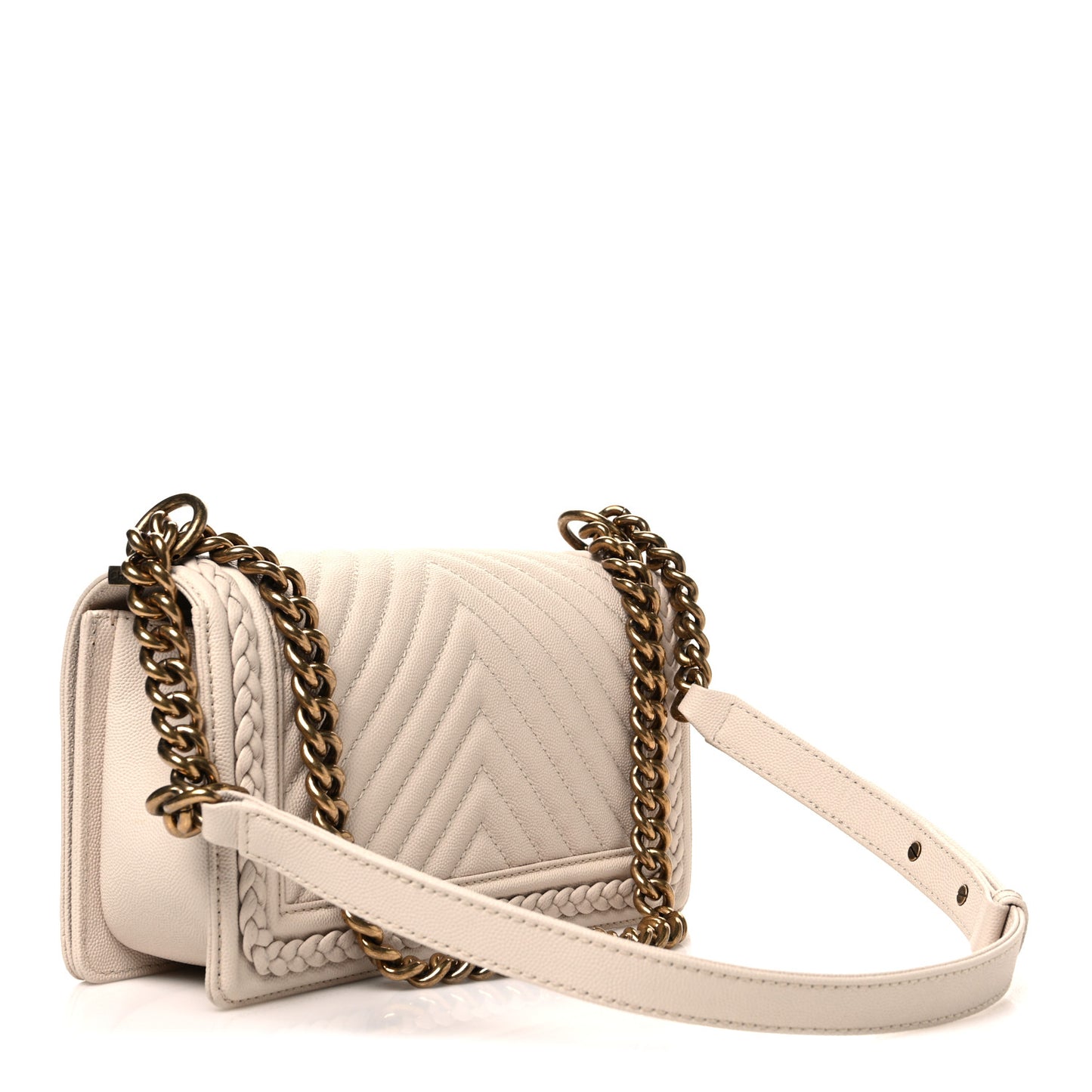 Caviar Chevron Quilted Braided Medium Boy Flap Beige