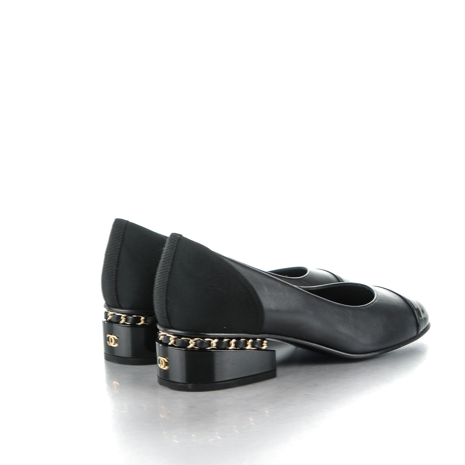 Chanel Lambskin Patent Cap Toe Low Heel Chain Pumps 35.5 Black 4 of 7