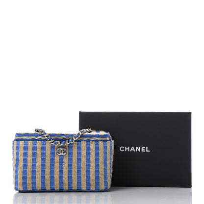 Chanel Raffia Jute Striped Small Vanity Case With Chain Blue Beige 10 of 10