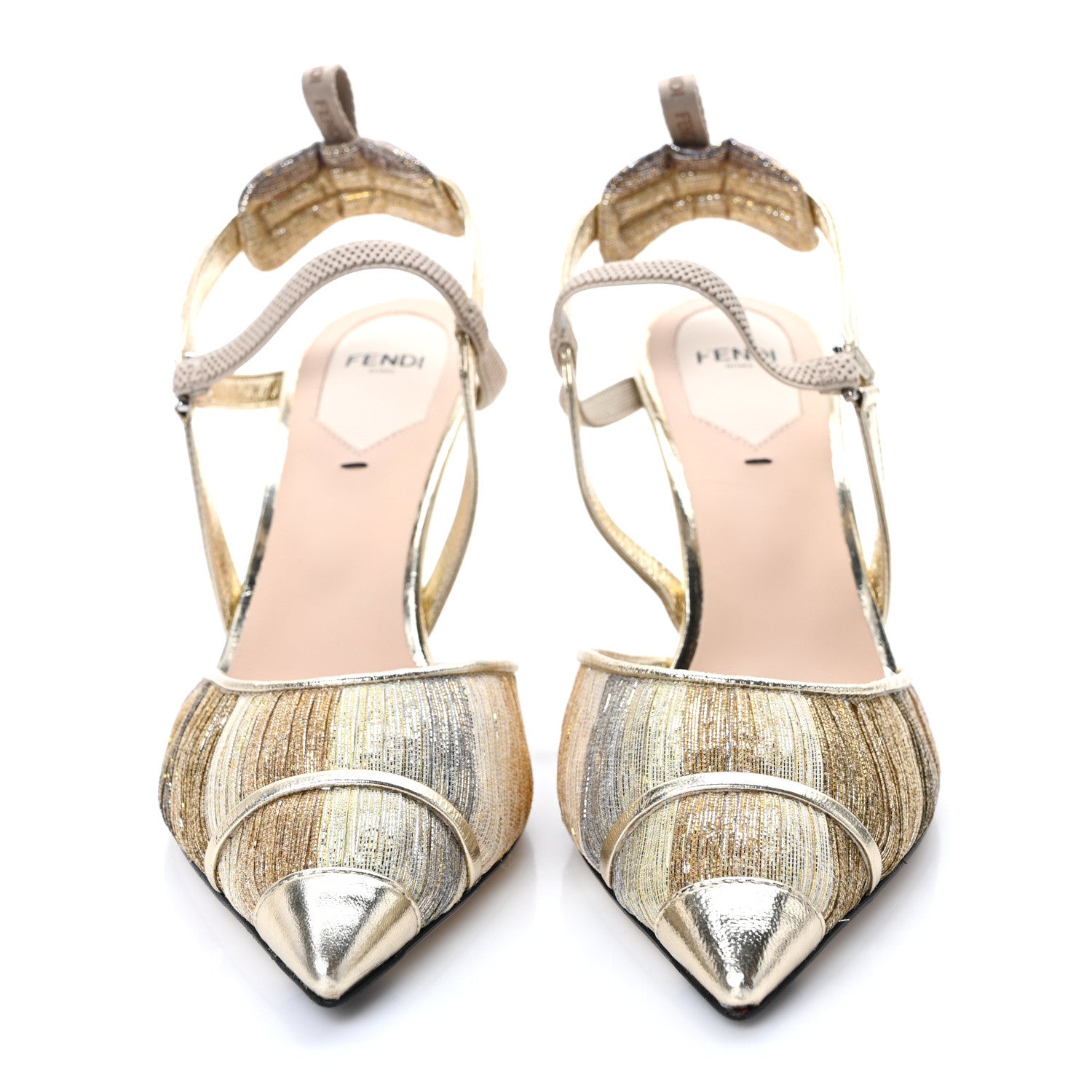 Fendi Laminated Fabric Nappa Colibri Lite 85mm Slingback Pumps 39 Gold Platino 2 of 8
