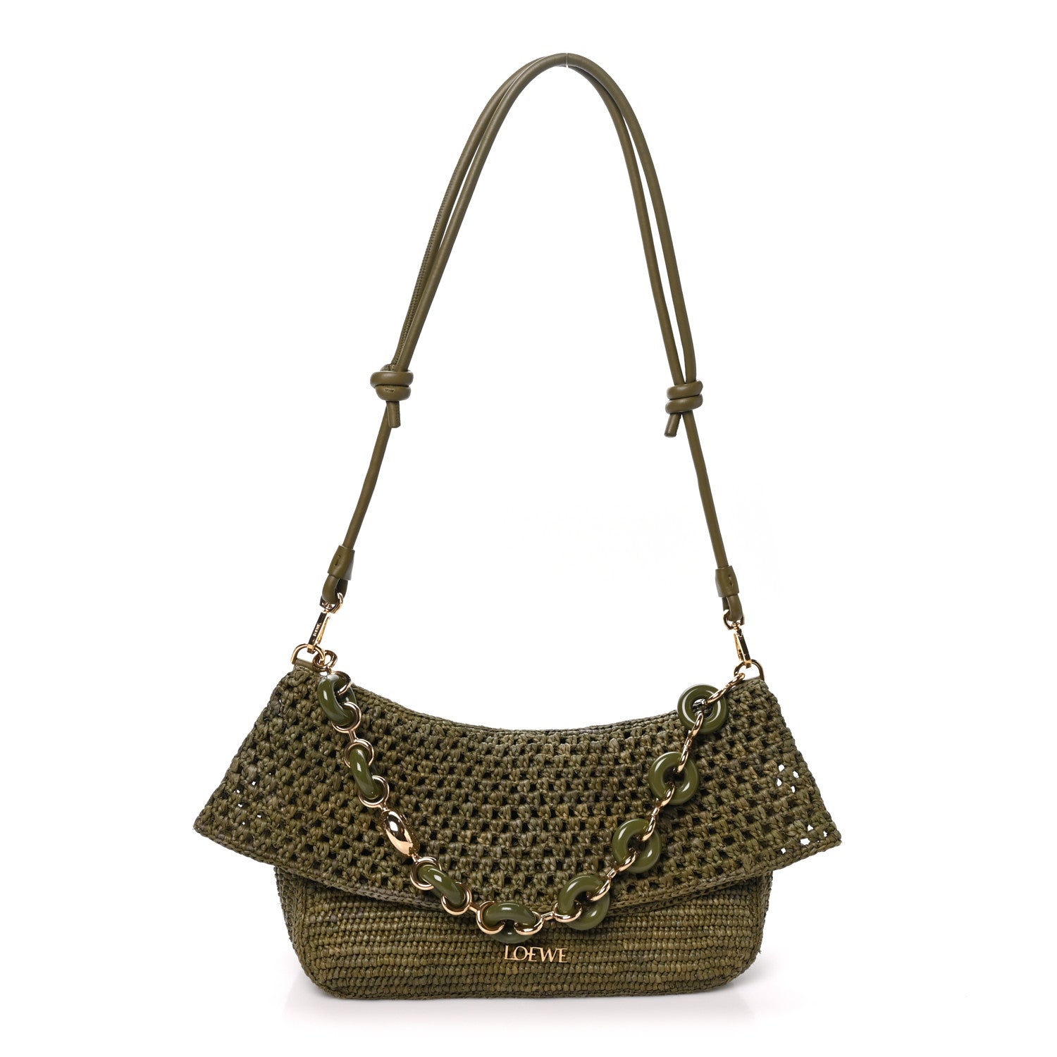 Loewe Raffia Calfskin Donut Chain Medium Ola Shoulder Bag Dark Khaki 1 of 9